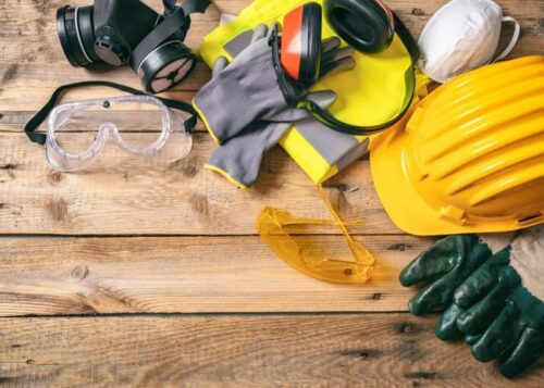 table with variety of safety gear.